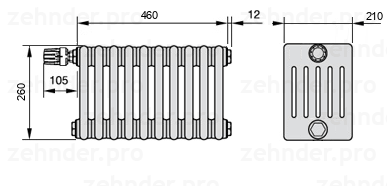 Схема (чертеж) Радиатор Zehnder Charleston 6026/10 №V011 Белый глянцевый RAL 9016